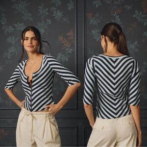 Maeve Navy and White Striped Scoop-Neck Knit Top